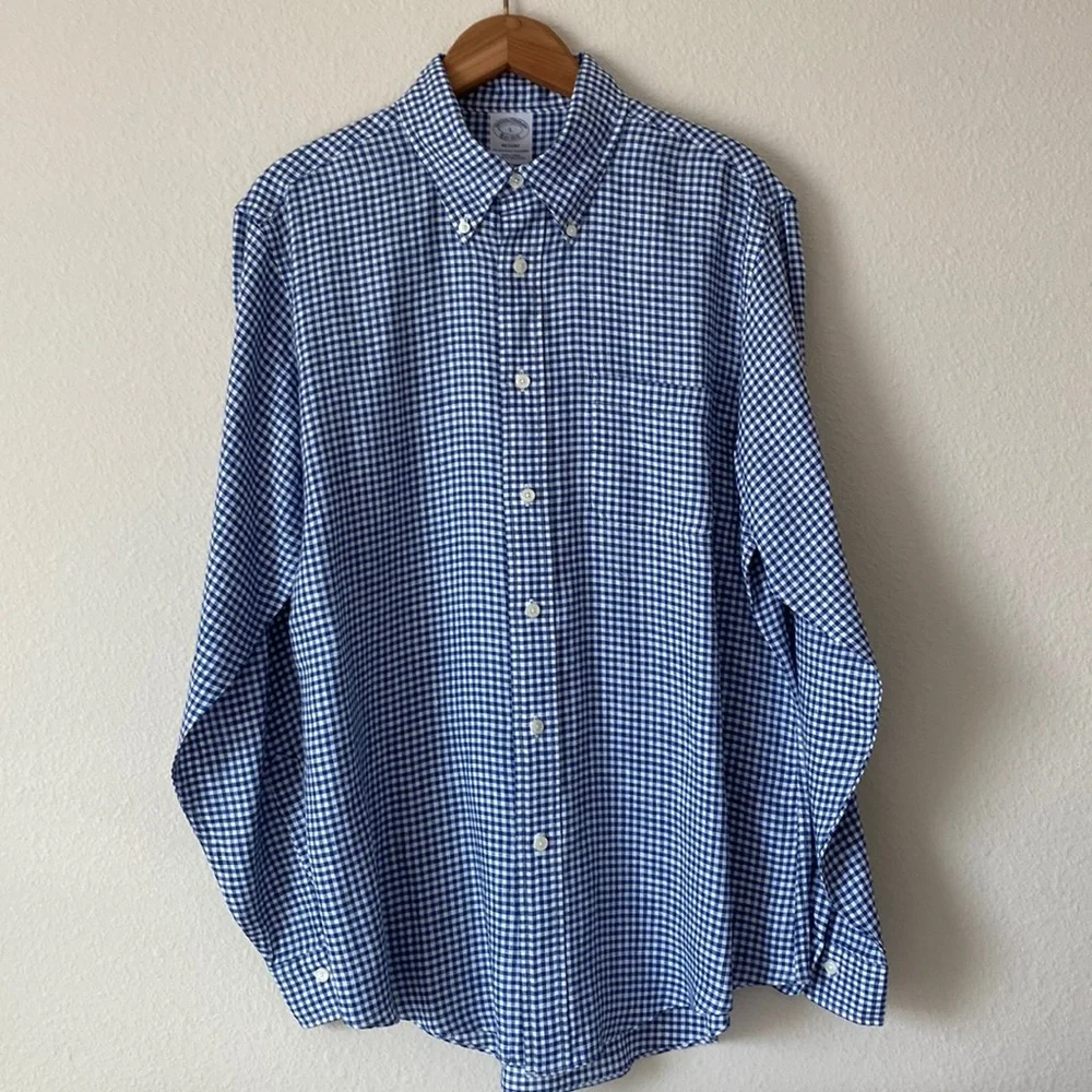 Brooks Brothers Regent Fit Men’s Shirt L 100%Linen White&Blue Plaid ButtonDown - Picture 1 of 9